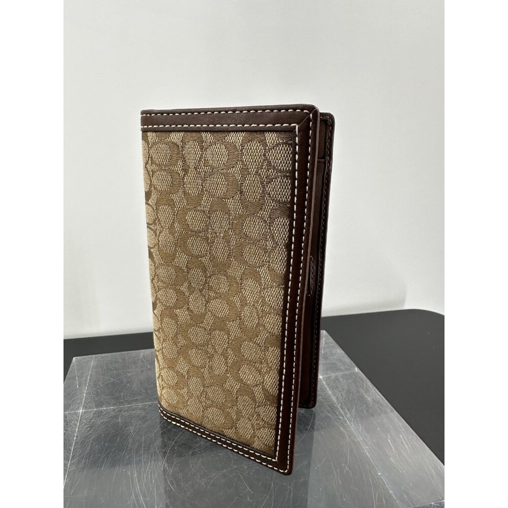 Coach Checkbook Cover  Brown Signature Jacquard  Leather Trim Wallet (K)